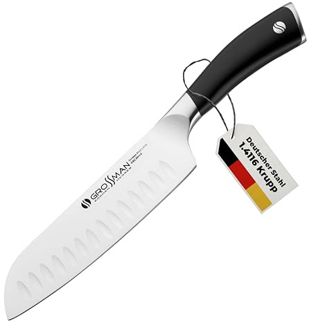 GROSSMAN® 003PF - Professional | Santoku Messer 31,0 cm | Ultrascharfer Küchenmesser | Deutschem Edelstahl Klinge 17,7 cm | mit Ergonomischen Griff 13,3 cm (235 Gramm)