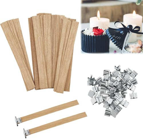 Juego de 100 mechas para velas con 100 bases de metal mechas de vela de madera natural adecuadas para la fabricación de velas de bricolaje, 13 x 130 mm