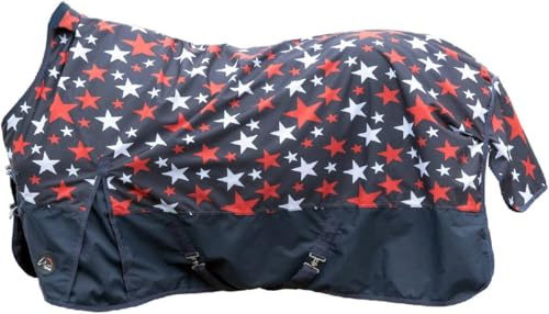 HKM Norwich- 600D mit glattem Futter Highneckdecke, Blau Mit Sternenmuster, 135 | Highneck Regendecke Weidedecke