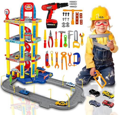 Xwin Sportseries 42PCS 4-Story Parking Garage Playset with Construction Tool Kit - Pretend Play Auto Parking Lot with Drill, Helmet, Cars, Ramps, and Accessories - Educational Toy for Toddler