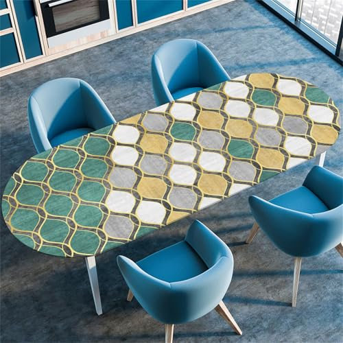 Highdi 3D Elastische Oval Tischdecke Abwaschbar, Spanntischdecke Gartentischdecke Outdoor Tischdecke mit Gummizug für Esszimmer, Küche (Kunst Plaid 3,91x152cm(36x60))