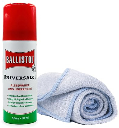 Gleitspray für Kickerstangen Set inkl. Mikrofasertuch, Ballistol-Universal Öl, für alle Kickertische, Spielstangen Gleitmittel sowie zur Reinigung Spielfeld, Spray 50 ml. Made in Germany