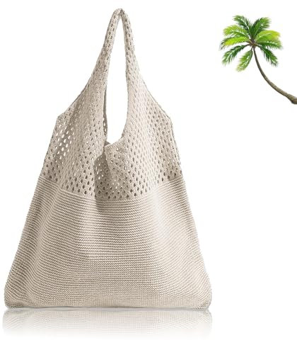 Gehäkelte Beach Bag Strandtasche Damen, Leichte Mesh gehäkelte tasche für Strandurlaub, Ästhetische Handgehäkelte Umhängetasche für Frauen (Beige)