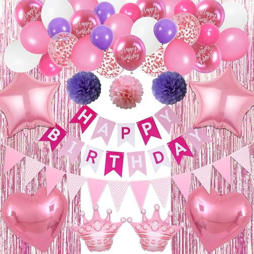 Runyuzi Geburtstagsdeko Frau Mädchen Set - Rosa Geburtstag Deko Happy Birthday Banner Wimpel Girlande, Lametta Vorhang Herzen Sterne Krone Folienballons Konfetti Ballons für Geburtstagsfeier