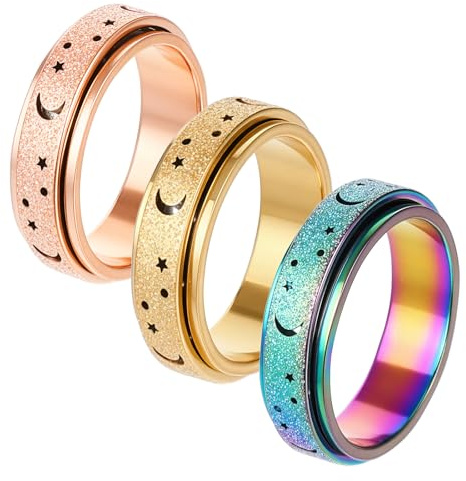 Heclia Lot de 3 anneaux anti-anxiété motif lune, étoile - Jouets anti-stress pour adultes - Bijoux en acier inoxydable Or rose doré