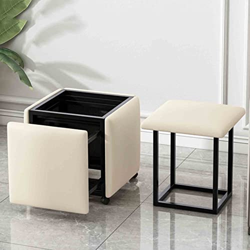 FHDCNTO 5 en 1 Tabouret Ottomans nidium Chaise empilable, canapé Domestique Tabouret de Cube Magique avec siège en Cuir Nappa, Cadre en Acier en Carbone et Roues (Taille: 35x35x35 cm, Couleur: Beige)