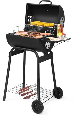 Bonnlo BBQ Charcoal Grill with Wheels, Outdoor Barbecues & Smokers with Side Table, Built-in Thermometer, for Bakyard Barbecue Party