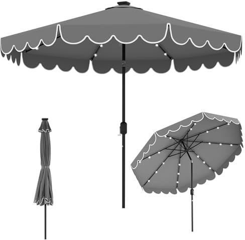 COSTWAY Sombrilla Terraza Exterior 3x3M, Sombrilla Solar de Patio con 24 Luces LED, Parte Superior Ventilada, Volantes, Ajuste de Inclinación, Manivela Fácil, 8 Varillas, Parasol de Mercado (Gris)