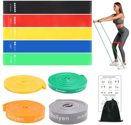 Bollyen Widerstandsbänder Set: 9-teiliges Fitnessbänder Bundle für Krafttraining, Yoga & Stretching zuhause – Inkl. Gymnastikband, Klimmzugband, Trainingsposter & Tasche