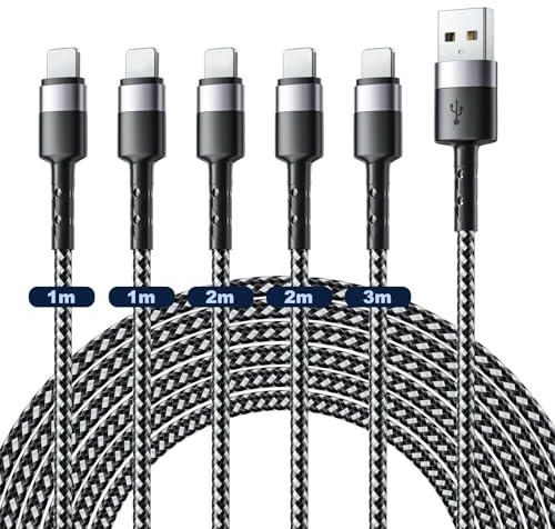 Cable iPhone USB A a Lightning [5Pack/1M+1M+2M+2M+3M] Cable iPhone Carga Rápida Cable Cargador iPhone Nylon Trenzado Lightning Cable Cargador para iPhone 14 13 12 11 Pro XS MAX XR X 8 7 6S 6 Plus 5 5S