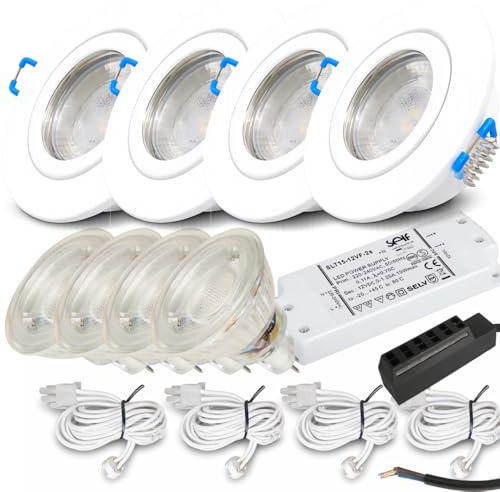 LED Einbaustrahler 4er Set – 12V, 3W, Neutralweiß (4000k) – IP44 Feuchtraum geeignet – Inkl. Treiber, MR16 Fassung und Zuleitung (120 cm) & Verteiler – Ideal für Bad, Küche, Dusche & Außenbereich.