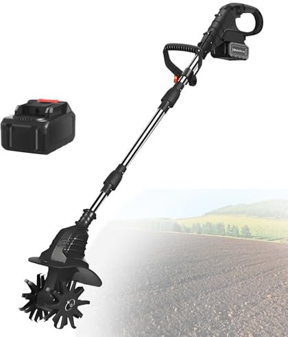 Cordless Tiller Cultivator, 270RPM Speed, Foldable Design Electric Garden Tiller for Turning Soil, Clearing Stuck Weeds, Gardening Soil Cultivation,Black-FourBlades-1battery