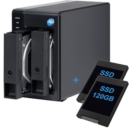 SIMPLETEK - DAS esterno USB‑C 3.2 con 2 bay SATA 3,5″/2,5″, SSD da 240GB (2x120GB) Preinstallato, compatibile HDD/SSD – Colore Nero