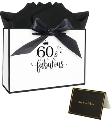28× 20× 10cm 60. Geburtstag Geschenktüte, 60. Weiß Papier Geschenktüte mit Karte und Seidenpapier