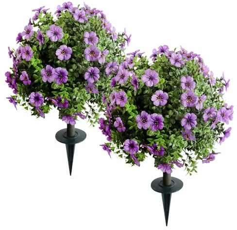 Artificial Green Plants, Artificial Purple Spherical Flowers, 23.6 inches, UV-Resistant, with Ground Anchors, Suitable for Indoor and Outdoor Garden and Home Decoration, 2 Pieces per Pack