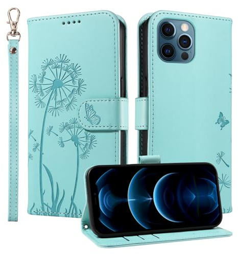 Trugox Wallet Case for Apple iPhone 12 / iPhone 12 Pro Phone Case Leather Dandelion with Credit Card Holder Purse Kickstand Folio Book Folding Flip Case Cover Women Shockproof - Green