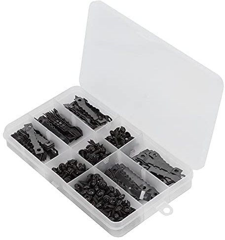 CHICIRIS Colgadores De Cuadros con Dientes De Sierra De 2 Orificios, Kit De Ganchos Colgantes De Acero Al Carbono Negro para Marco De Fotos, Punto De Cruz, 100 Uds. + 200 Uds. De Tornillos
