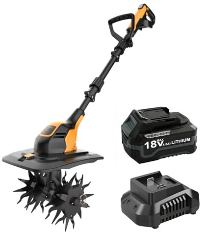 Motobineuse sans Fil 20V avec Batterie 4.0Ah et Chargeur, Cultivateur Motoculteur Rotatif Électrique, Largeur 23cm Profondeur 18cm, pour Petit Jardin et Parterres de Fleurs