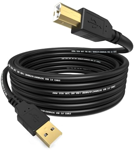 Sinoacc USB A to USB B 2.0 Printer Cable High Speed Printer to USB Cable Cord Compatible with HP Canon Dell Epson Brother Lexmark Xerox Piano DAC and More, Gold-Plated Connectors, Black, 5Ft