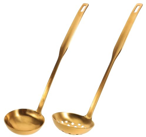 NUOBESTY Cucharones de Cocina 2 Piezas de Acero Inoxidable 304 Color Dorado, Cuchara Sopera y Cuchara Ranurada Grande Mango Largo, Colador para Servir Sopas y Caldos en Hogar y Restaurante