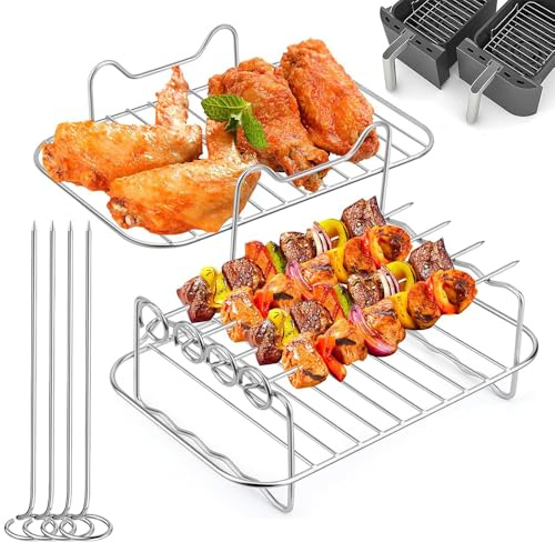 toijnhtk 2Pcs Air Fryer Racks 304 Stainless Steel, Double Layer Air Fryer Accessories, Compatible with Ninja AF300UK AF400UK Cosori Russell Hobbs Dual Drawer 7.6L-10.4L Air Fryers