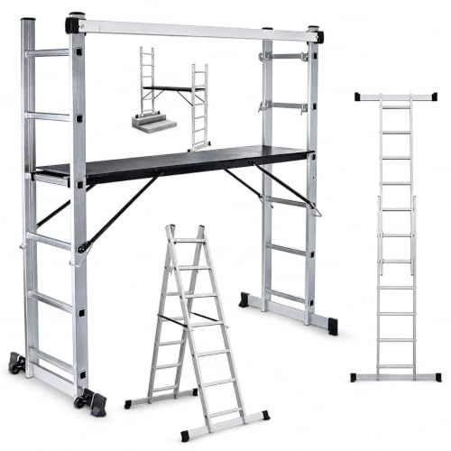Escalera multifunción 4 en 1 con Plataforma Antideslizante – Andamio, Escalera Tijera y Escalera de Apoyo, Ruedas con Freno, Aluminio, 270 cm Altura