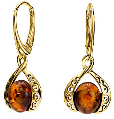 Damen Ohrringe Aus Naturbernstein In 925 Sterlingsilber Vergoldet Mit Ornamentmuster