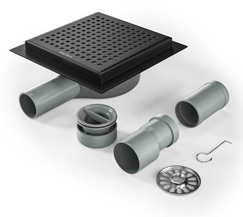 Bernkot Duschrinne Quadrat 15 * 15cm, 360° Siphon mit Geruchsstop und Haarsieb Edelstahl Ablaufrinne Bodenablauf Duschablauf sehr flach DN50 DN40，Schwarz