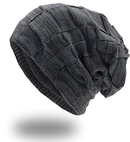 UPhitnis Mütze Beanie Herren Winter-Long Slouch Wintermütze Haube Herren-Beanie Damen mit Kariert Sehr Weichem Fleecefutter