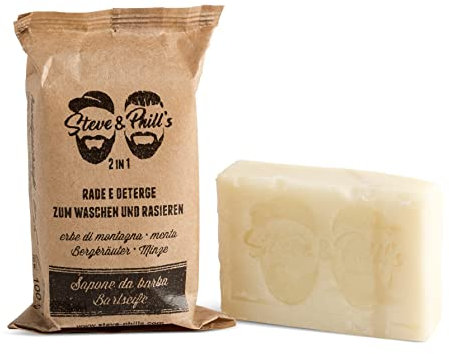 Steve & Phill's Bartseife und Rasierseife, 100g - 2 in 1 Seife Waschen und Rasieren aus ausgewählten Bergkräutern und Minze für weichen und glatten Bart, 100% natürlich - Qualität Made in Südtirol