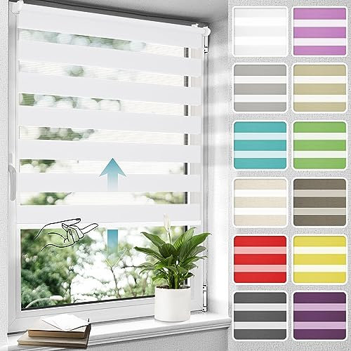 Allesin Doppelrollo schnurlos Klemmfix ohne Bohren Duo Rollos für Fenster, 65x120cm (BxH), Weiß, Drücken Und Ziehen Springrollos Klemmrollo Fensterrollo ohne Schnur lichtdurchlässig & Blickdicht