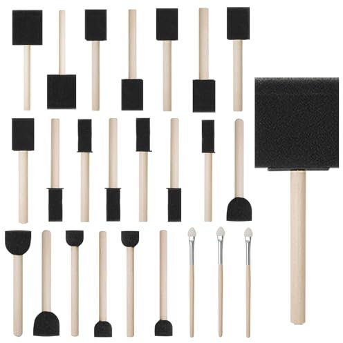 CONDA 25 Pack Foam Brush Set, 0.25-2 Different Size Sponge Painting Brush Set Wood Handle, Lightweight Durable, Great for Acrylics, Stains, Crafts