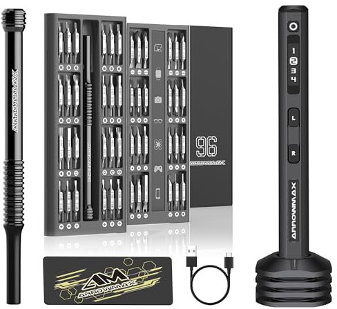 ARROWMAX Cacciavite Elettrico, Cacciavite di Precisione 102 in 1 con 96 Punte Magnetiche, 4 Modalità di Coppia, Punto Rosso, Design IF Vincente, Mini Cacciavite Cordless per Telefono, (SES PLUS),Nero