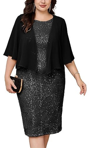 Hanna Nikole Damen Große Größen Zweiteilig Rundhals Cocktailkleid Cape Abendkleid Mit Overlay Für Hochzeitsgäste Schwarz 48