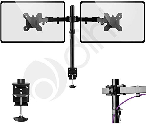 Dihl Dual Monitor Desk Stand, Twin Monitor Mount Clamp for 13 to 27 Inch Screens, Height Adjustable Arms, Tilts 90°, Swivels 180°, Rotates 360°, VESA 75 or 100mm, Black