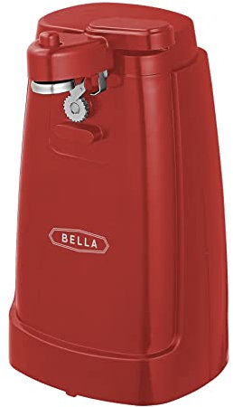 BELLA Abrelatas Eléctrico y Afilador de Cuchillos, Abridor de Tarros y Botellas Multifuncional con Palanca de Corte Extraíble y Almacenamiento de Cables, Hoja de Acero Inoxidable, Rojo