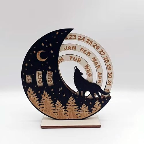 Ewiger Kalender, kreativer drehbarer Mondscheibenkalender, 15,2 cm, wiederverwendbarer Mini-Holz-Katze-Wolf-Mondkalender, Schreibtischdekoration, Zubehör for das Heimbüro /79 (Color : Wolf)