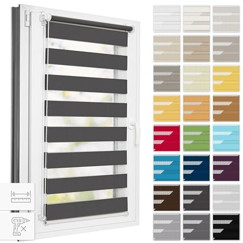 Estika Doppelrollo Klemmfix ohne Bohren, Breite alle 1 cm - 43 cm x 120 cm - Anthrazit - Tag und Nacht Duo Rollo, Rollos für Fenster ohne Bohren, Fenster Sichtschutz