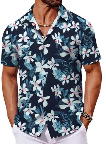COOFANDY Hawaiianska skjortor för män, kortärmad, tropisk, vardaglig, sommar, strandskjortor, button-down-skjortor, Vita blommor marinblå, 3XL