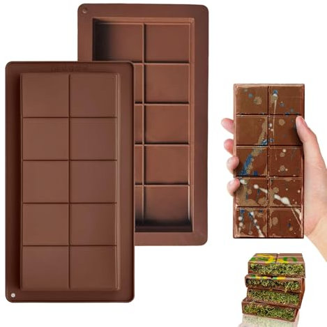 2 Piezas Moldes Barra Chocolate Profundos, Molde Tableta Chocolate Silicona Grado Alimenticio, Moldes Turron Antiadherente Reutilizables, Molde DIY para Rellenar Dulces, Gofres, Praliné(Marrón)