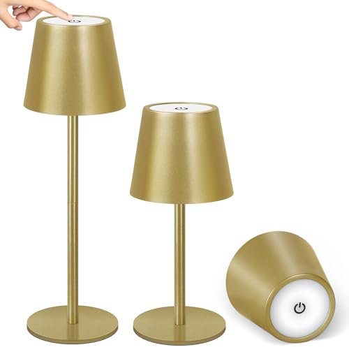 OUTON 2 Piezas Lampara de Mesa Sin Cable, LED Inalámbricas Recargable - Control Táctil Dimmer, 3 Temperaturas de Luz 2700K-6500K, 5200mAh Batería, IP54 para Comedor, Exterior, Dormitorio - Oro