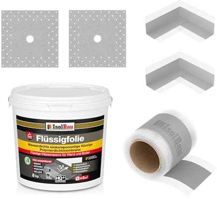Isolbau Dicht-Set - Inkl. 1x Flüssigfolie (8 kg), 1x Dichtband (5 m), 2x Innenecken & 2x Manschetten