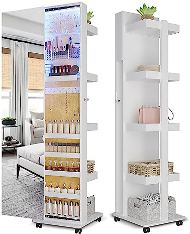 Yoofun LED 360 Swivel Jewelry Cabinet with Full Length Mirror, Side Pull Armoire with 3 Color Dimmable Mirror Standing Jewelry Organizer Armoire with 4 Rollers, Rear Storage Shelves White
