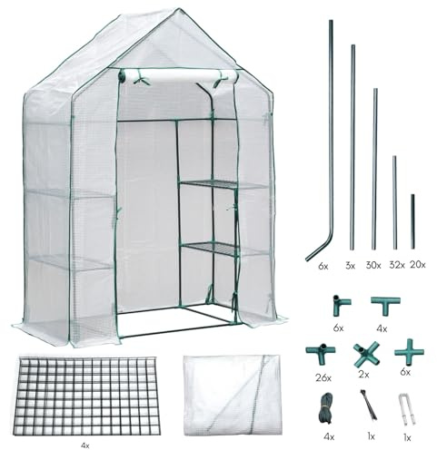 Eikuavons Gewächshaus,Tomatengewächshaus mit Regale für Pflanzen,143*73*195cm,135g PE-Plane,Wetterfest,Treibhaus mit Tür(Weiß),für Garten oder Balkon