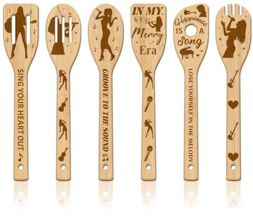 GLOBLELAND 6 Pièces D'Ustensiles de Cuisine en Bambou Musique Femme Cuillères de Cuisine Gravées en Bois Guitare et Notes Sculpture Spatule en Bambou Ensemble Cuillère pour Mère l'amie Femmes Cadeau