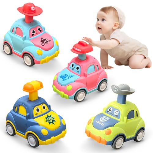 Joyfuture Press and Go Car Toys for 1-2-3 Year Old Boys - 4 Pack Vehicle Set Racing, Easy Push Down Action, ABS - Learning Cause Effect Toddler Toy, Gifts for 1+ Year Old Baby Boy Girl
