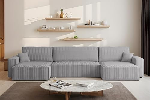 Kaiser Möbel - Ecksofa mit Schlaffunktion und Bettkasten, Wohnlandschaft U Form XL, Schlafsofa, Bigsofa, Bequemes Couch mit Ottomanen für Wohnzimmer, Cordstoff, Lounge-Set U-Form, Best U XL, Grau