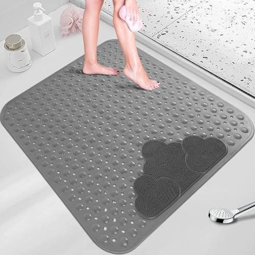 ZAHDMA Duschmatte rutschfest 80x80cm,Antirutschmatte Dusche aus TPE,Grau | mit Fußbürsten-Zone,mit Saugnäpfen,mit Ablauflöchern,Quadratisch