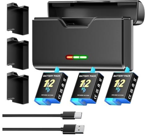 2000mAh Black Battery ， Slots， LED Light Bateria Storage Box Charger，Compatible With GoPro Hero 5，6，7，8，9，10，11， 12 Go，Pro 9(1 Charger 3 Battery)