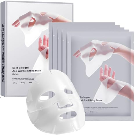 ONMYLOVIN 5 Pack Deep Collagen Face Mask, Bio-Collagen Korean Overnight Hydrogel Mask, Anti Wrinkle Firming Lifting Korean Collagen Films for Improve Skin Elasticity, Firming And Moisturizing